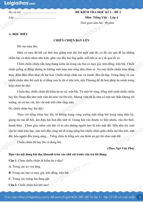 Đề thi học kì 2 Tiếng Việt 4 - Đề số 2